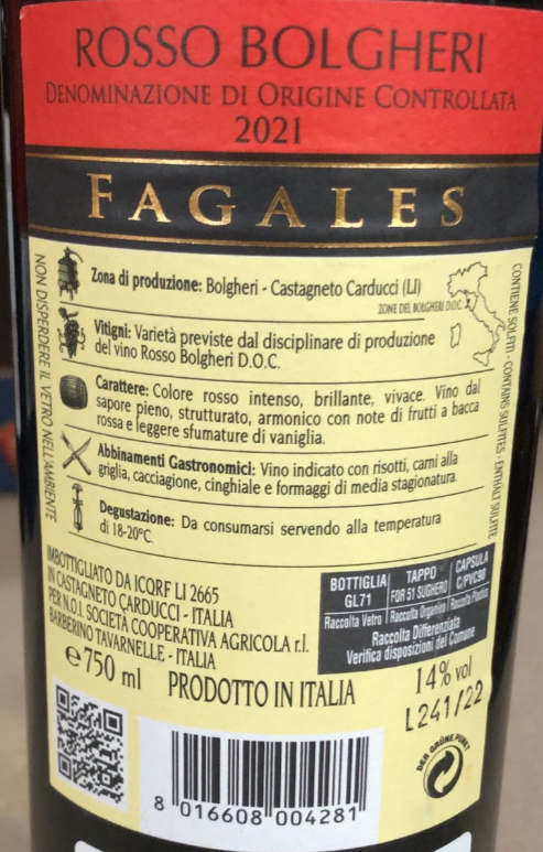 Bolgheri Rosso Fagales DOC, Vino Tinto, 750 ml, 2021 Online Sale